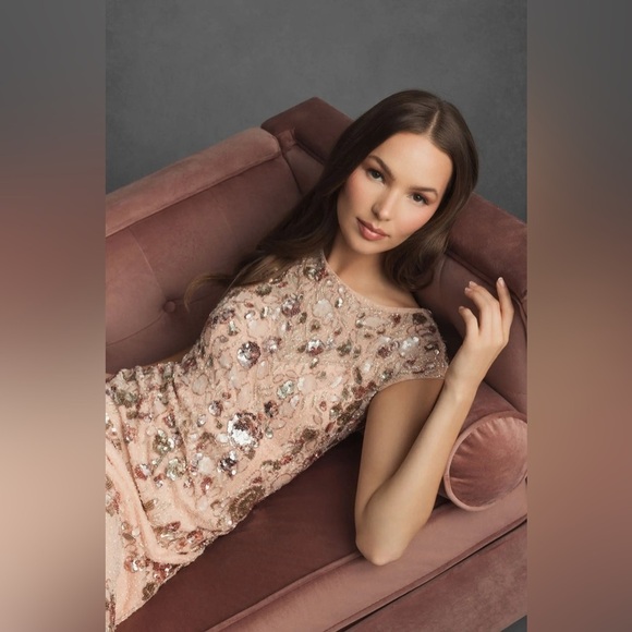 MAC DUGGAL Pink Embellished Bateau Neck Cap Sleeve Floral Beaded Trumpet Gown 2 - Picture 6 of 15